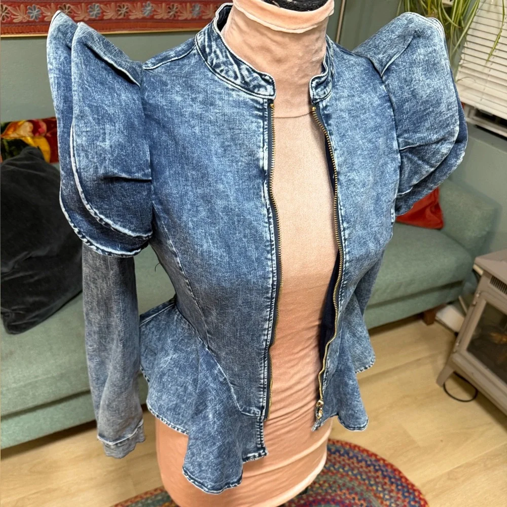 Vintage Blue Jean stretch Lady GaGa peplum feminine Jacket Small - Picture 7 of 13